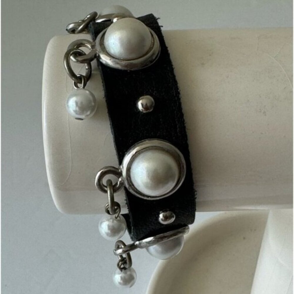 LEATHERROCK Bracelet LR Leather Genuine Leather W Faux Pearl Embellishment Black - Picture 5 of 16